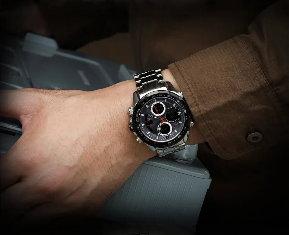 Montre NAVIFORCE à double affichage en acier inoxydable, étanche 30 m
