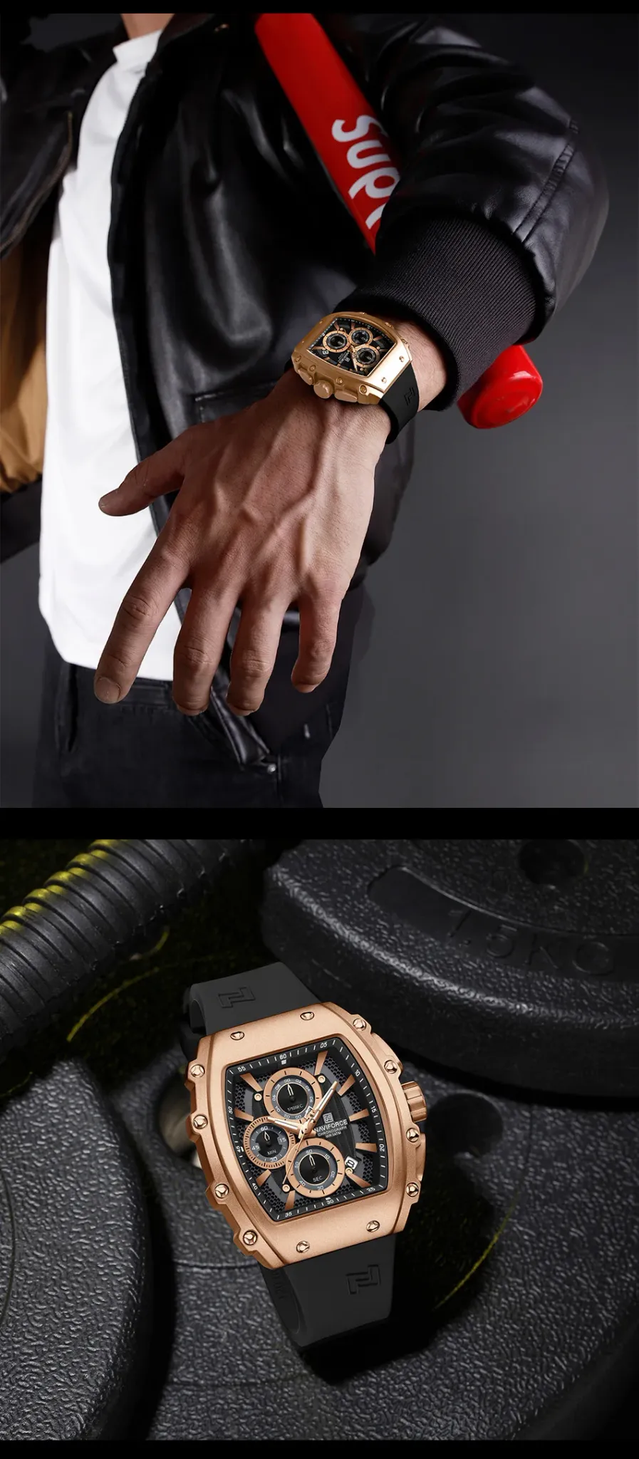 Montre NAVIFORCE NF8070 tonneau sport en silicone, quartz étanche 3ATM