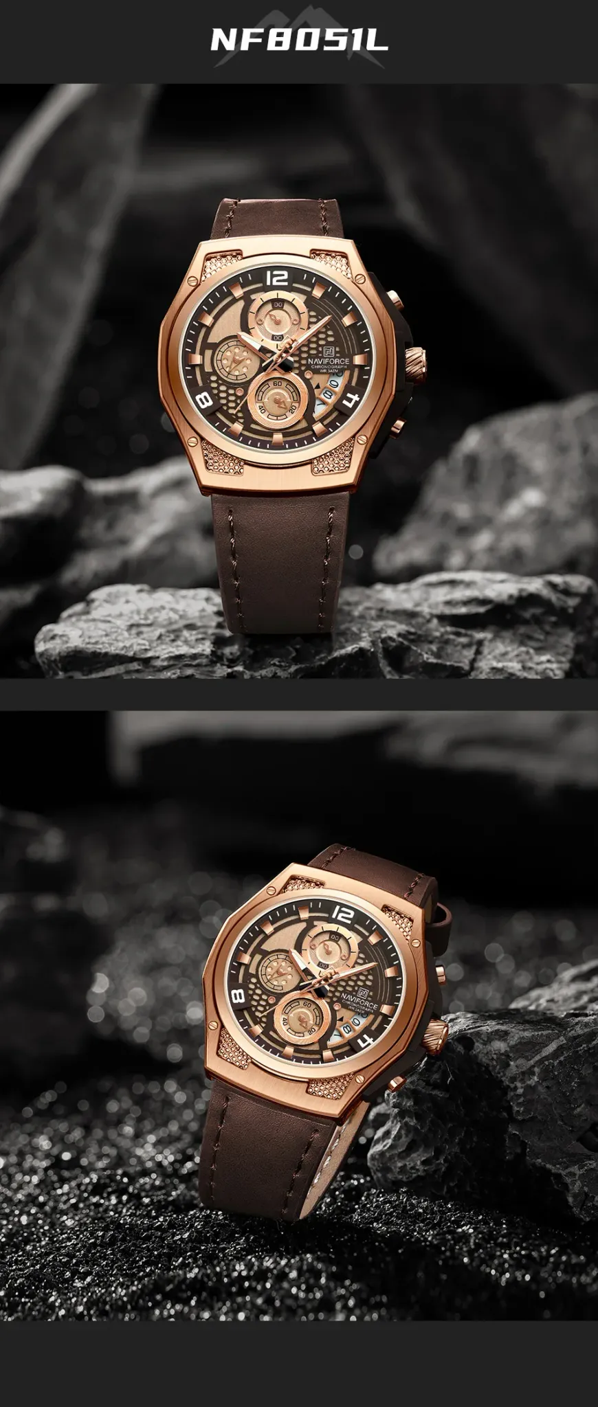 Montre chronographe NAVIFORCE NF8051L en cuir, étanche 3 bar