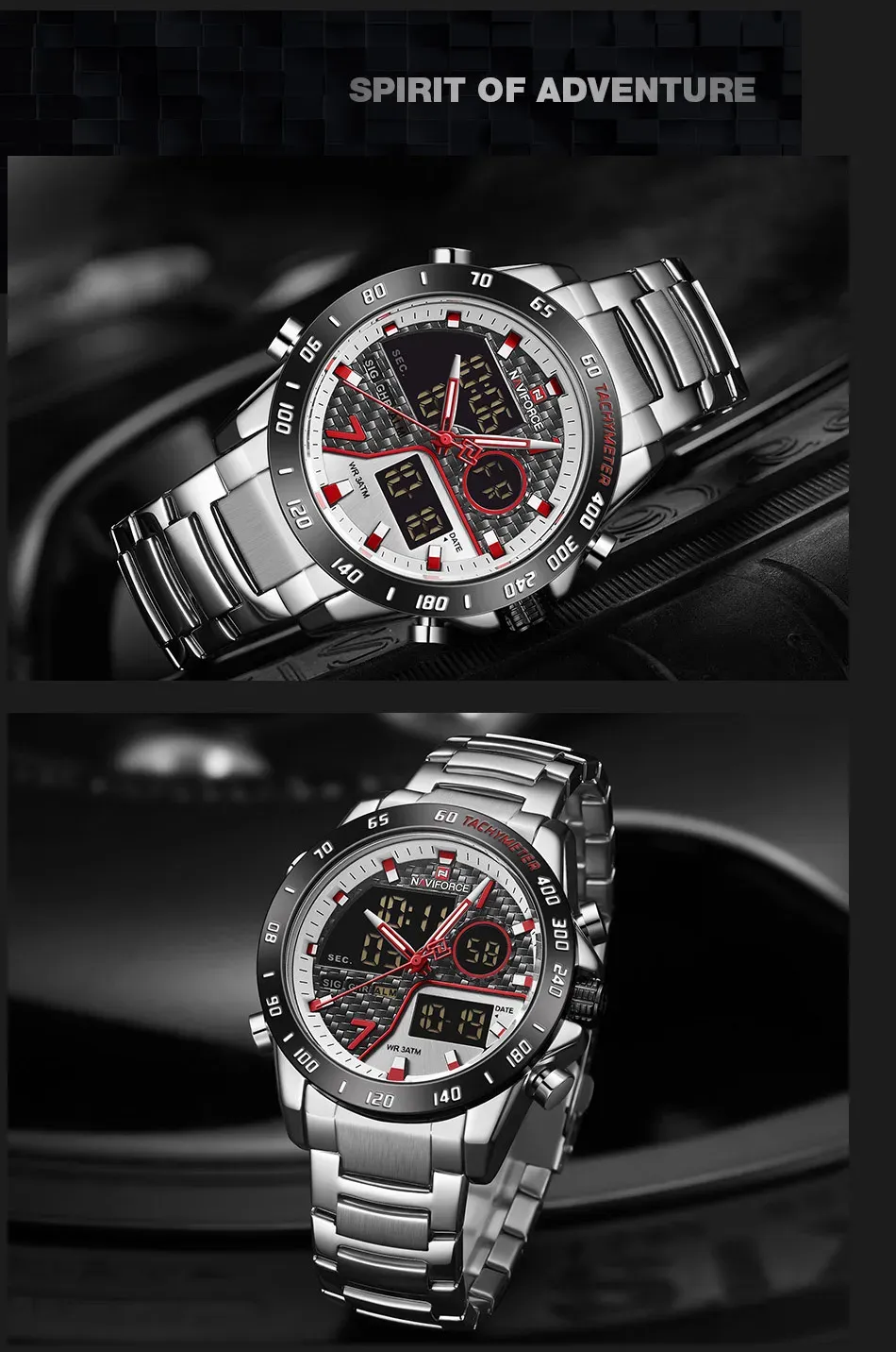 Montre NAVIFORCE dual display en acier, style militaire et quartz