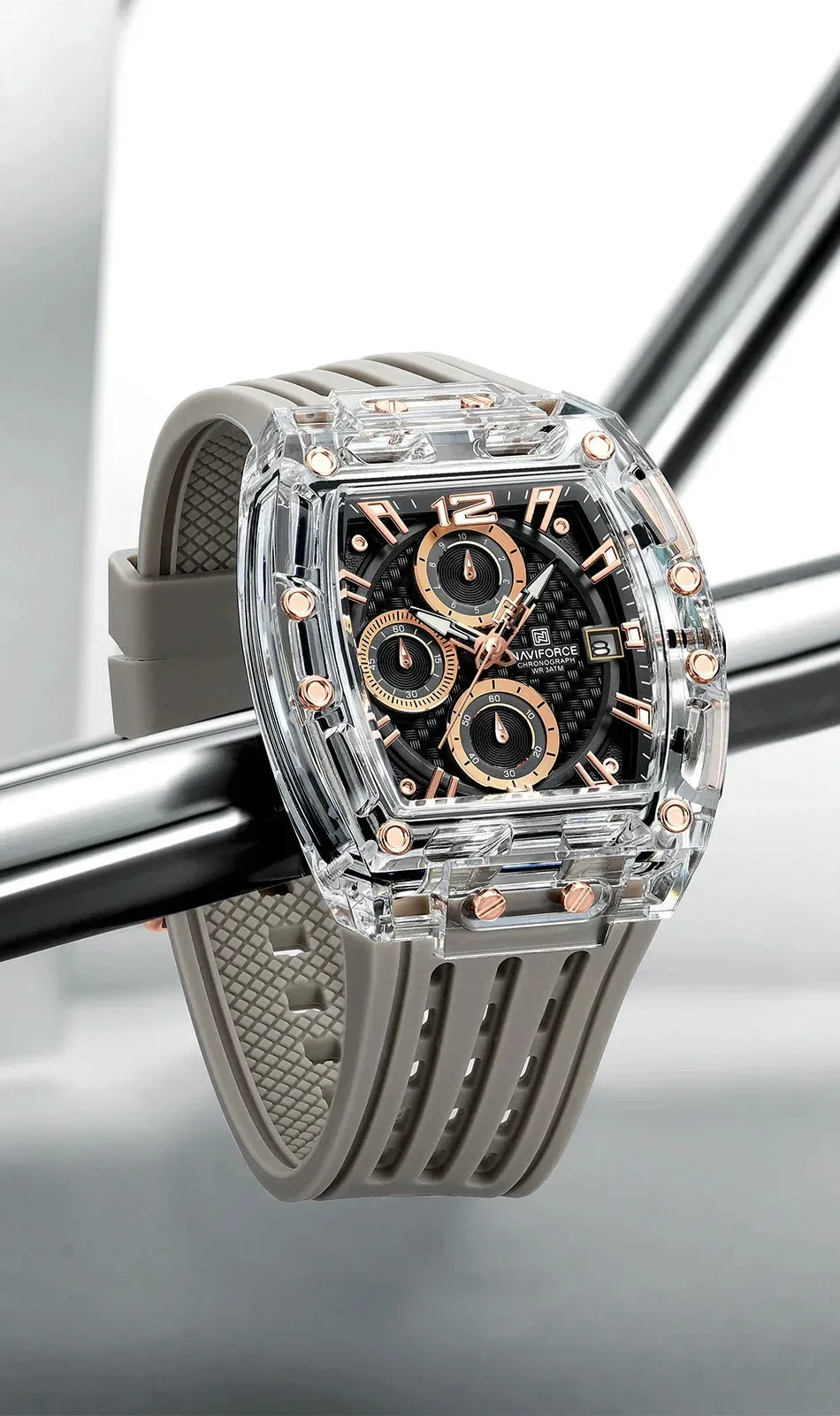 Montre NAVIFORCE tonneau transparente en silicone, quartz sport
