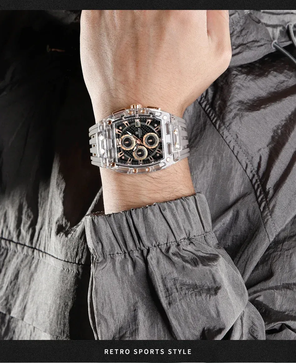 Montre NAVIFORCE tonneau transparente en silicone, quartz sport