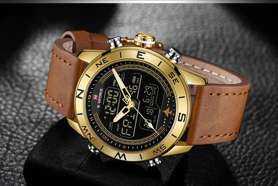 Montre NAVIFORCE NF9144-BY à double affichage en cuir véritable