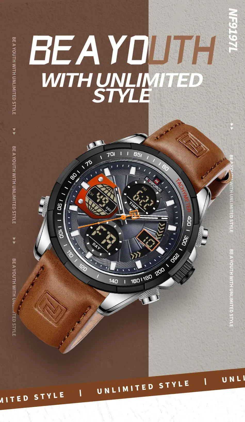 Montre NAVIFORCE homme double affichage, cuir véritable et éclairage LED