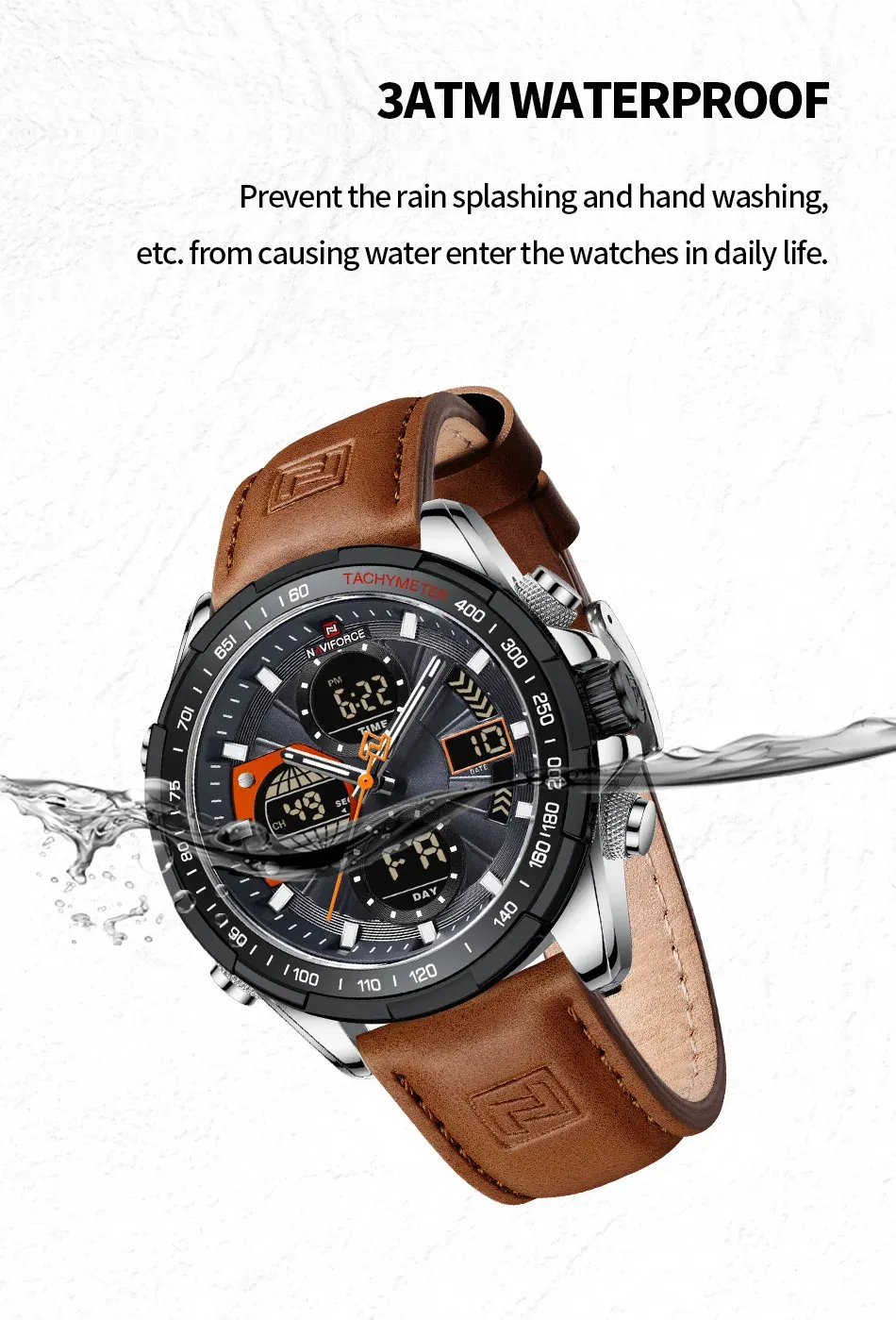 Montre NAVIFORCE homme double affichage, cuir véritable et éclairage LED