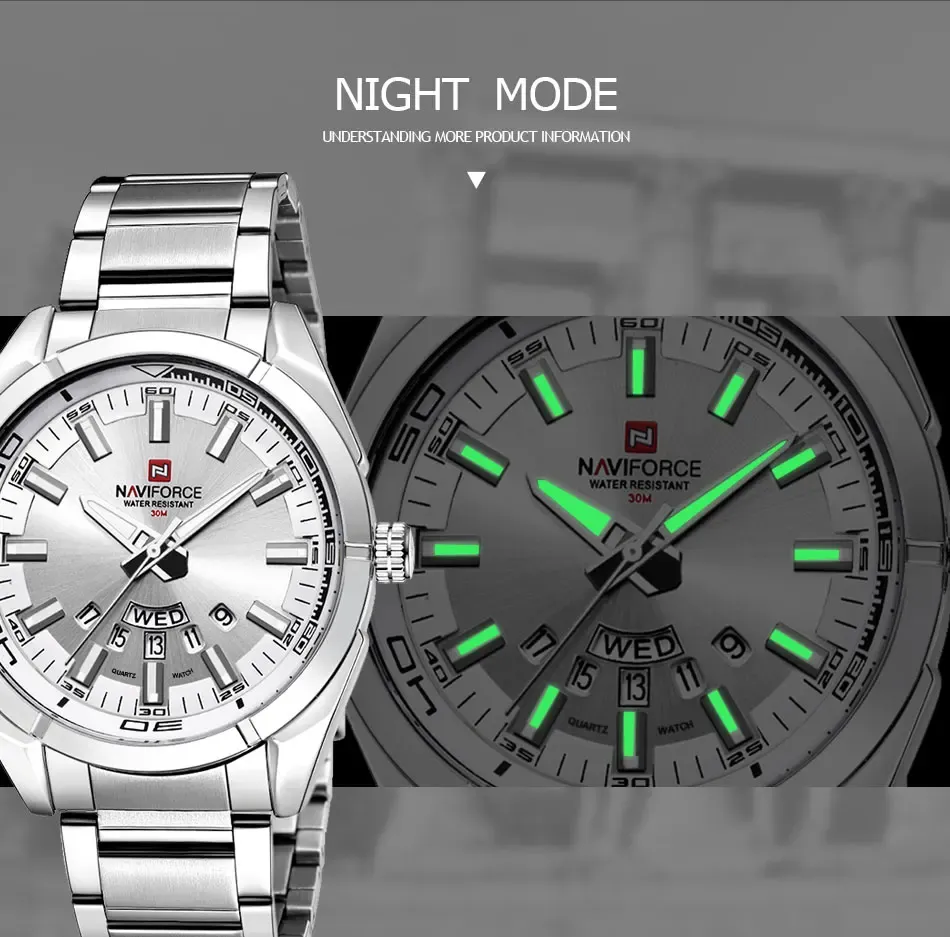 Montre NAVIFORCE NF9038 en acier inoxydable, quartz date et luminescence