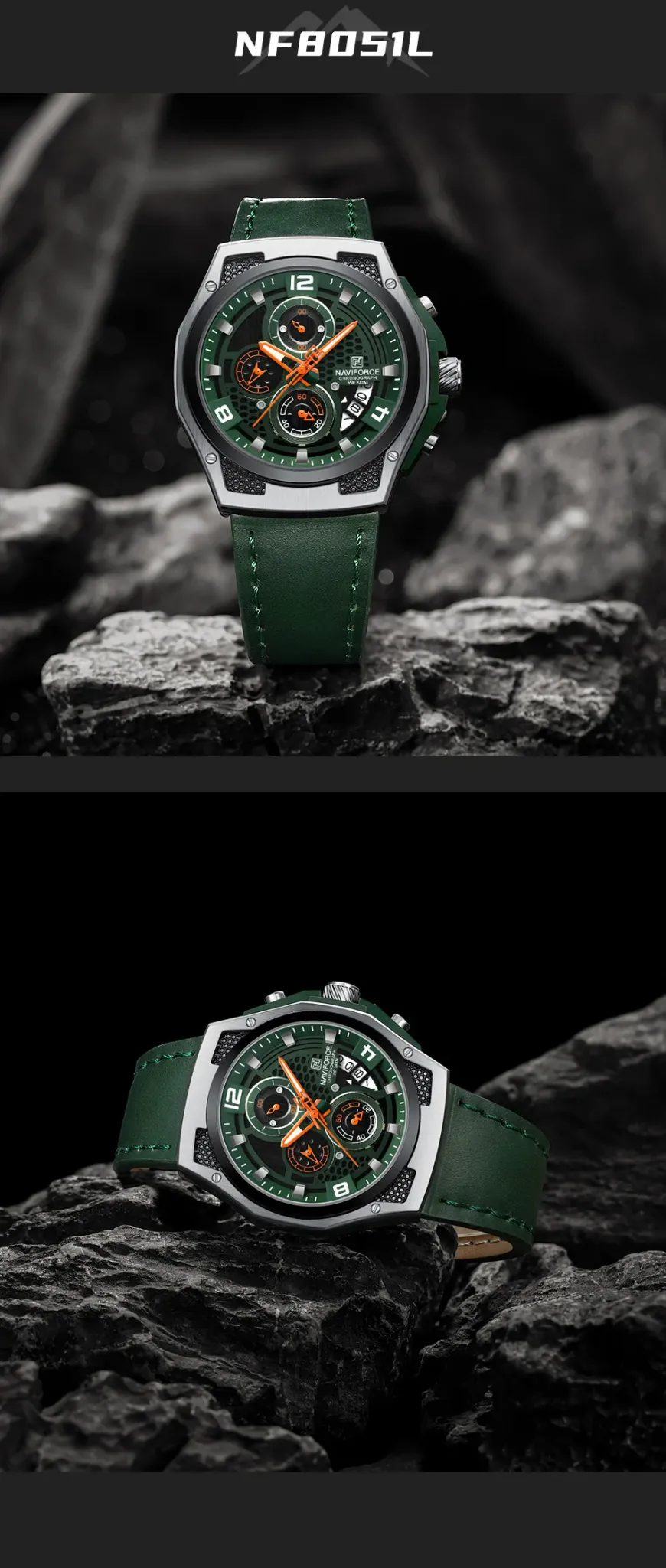 Montre multifonction NAVIFORCE en cuir véritable pour homme