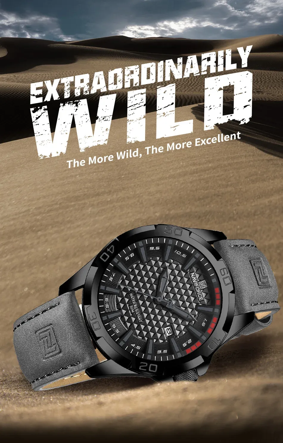 Montre NAVIFORCE 8023 homme sport cuir, quartz et calendrier