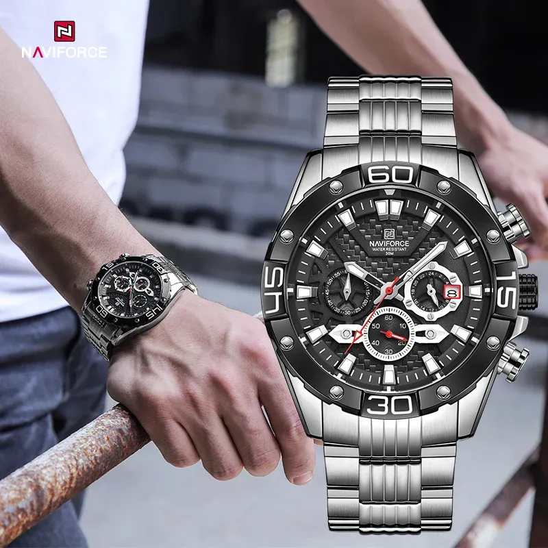 Montre NAVIFORCE 8019 homme acier, chronographe et calendrier