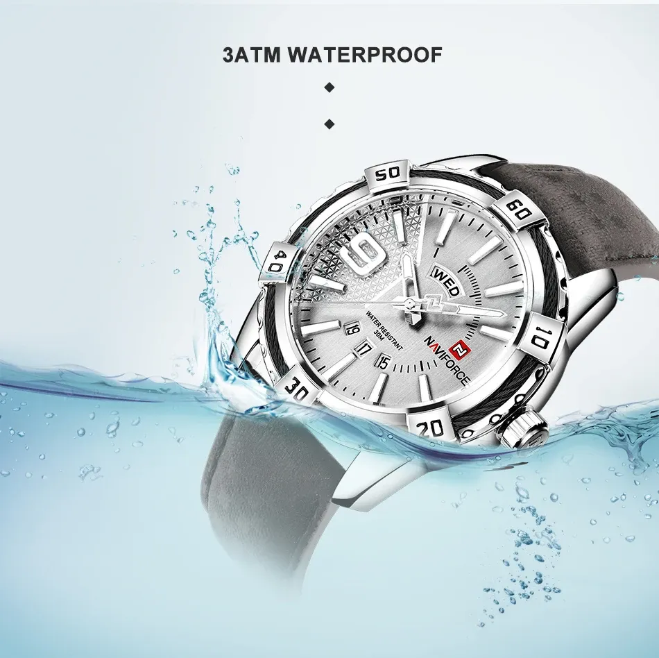 Montre NAVIFORCE militaire lumineuse en cuir, quartz et date