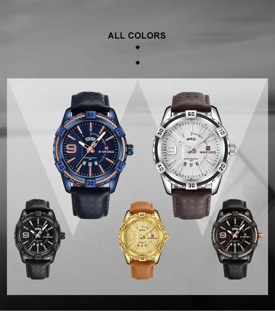 Montre NAVIFORCE militaire lumineuse en cuir, quartz et date