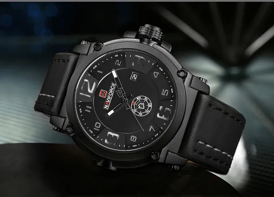 Montre NAVIFORCE homme cuir sport militaire à quartz, calendrier complet