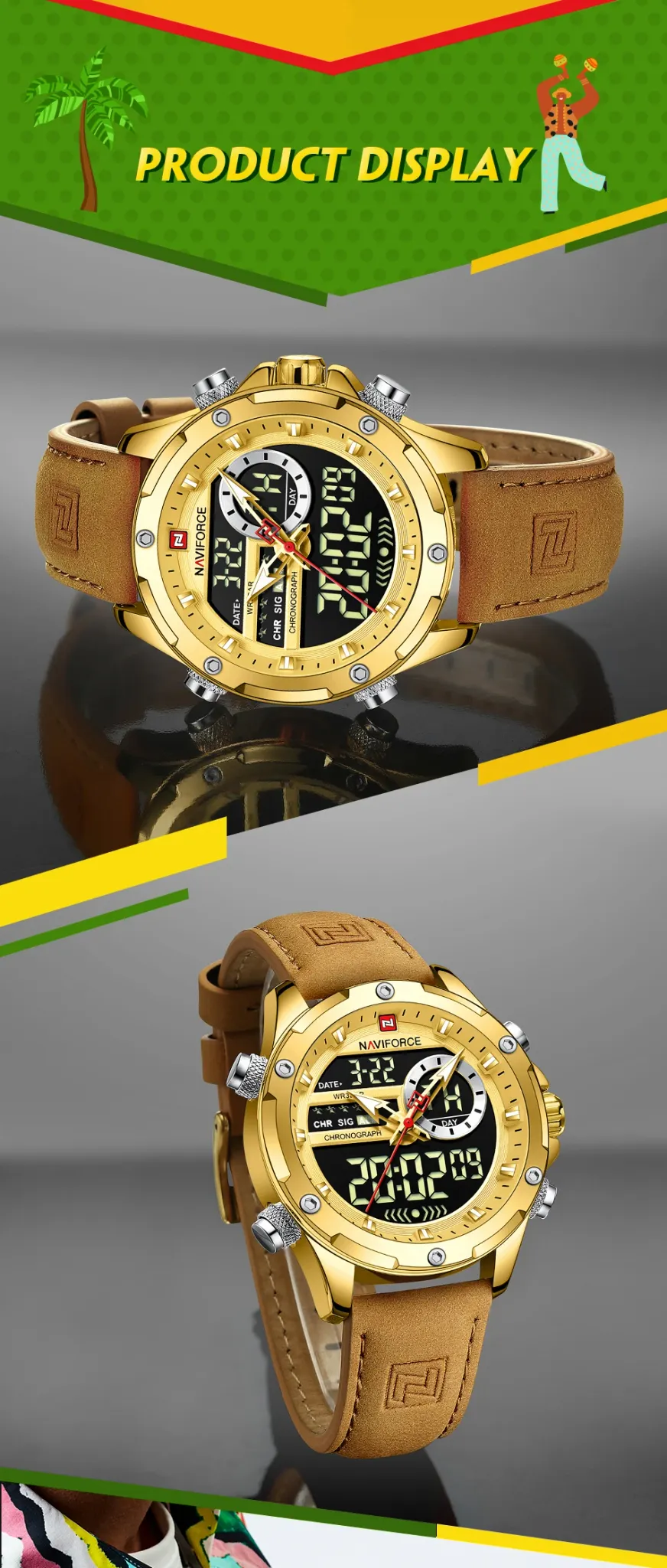 Montre NAVIFORCE double affichage en cuir, chronographe et alarme