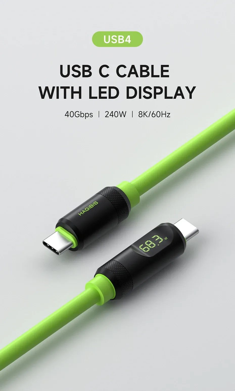 Câble USB-C Hagibis 240 W avec écran LED et 40 Gbit/s