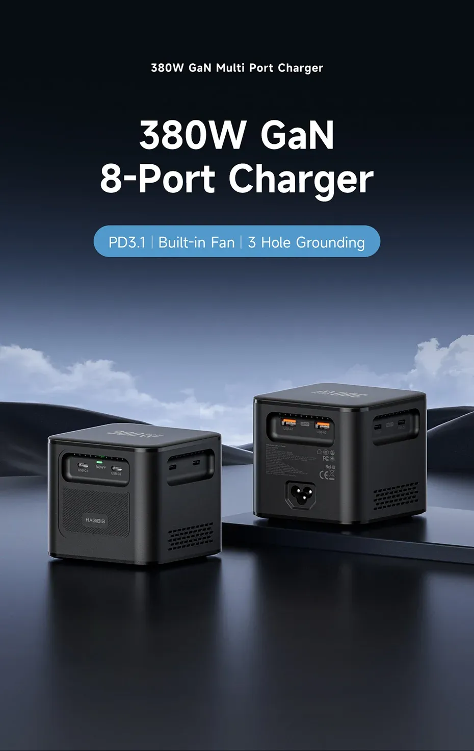 Station de charge GaN Hagibis 8 ports PD 3.1 380 W