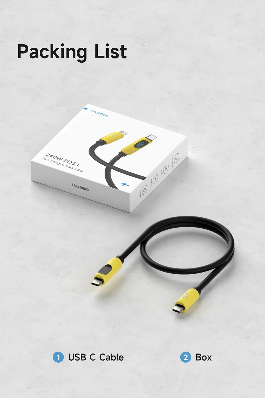 Câble USB-C Hagibis 240 W avec écran LED et gaine silicone liquide