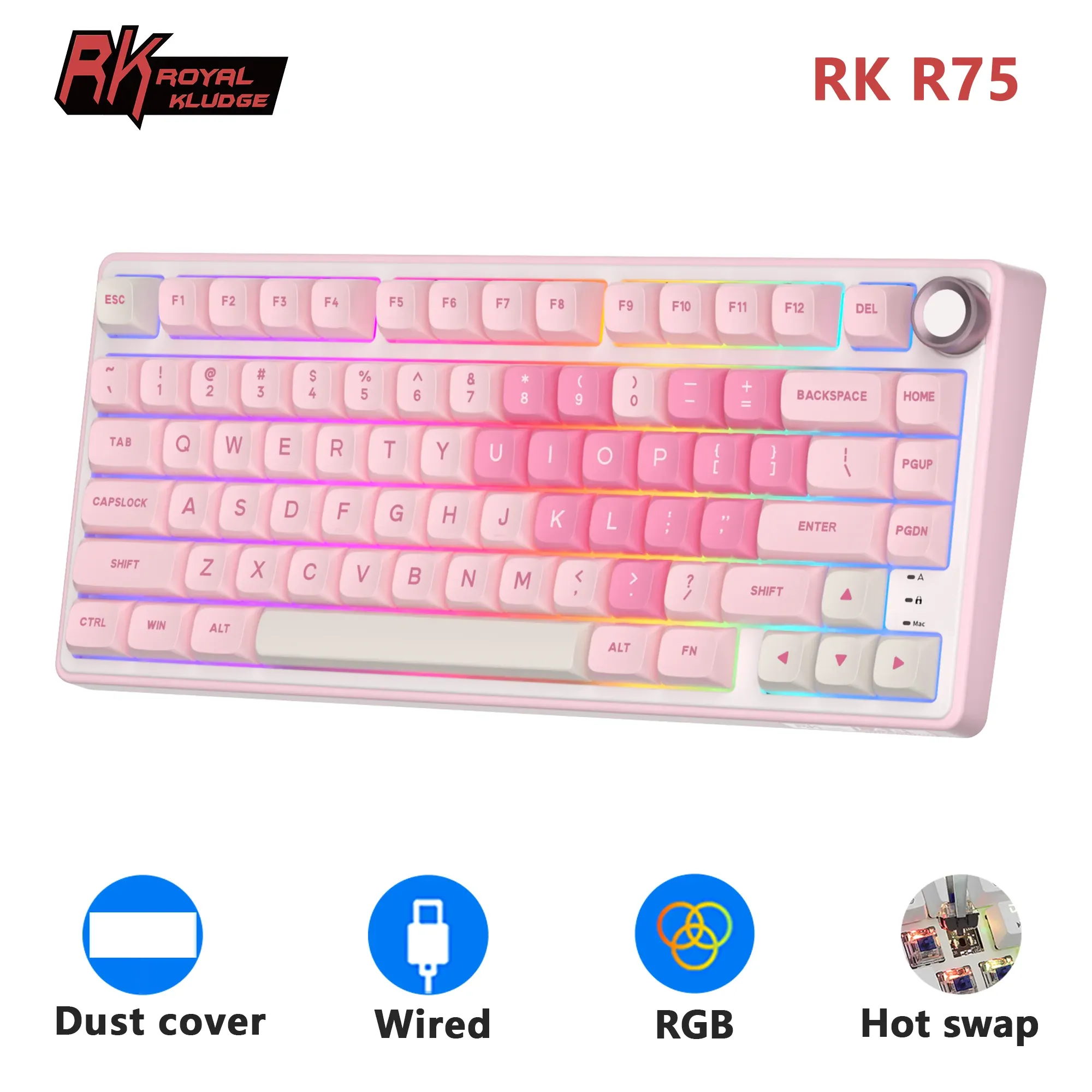 Royal Kludge RK R75 rose : clavier mécanique filaire compact à joint, hot-swap et RGB