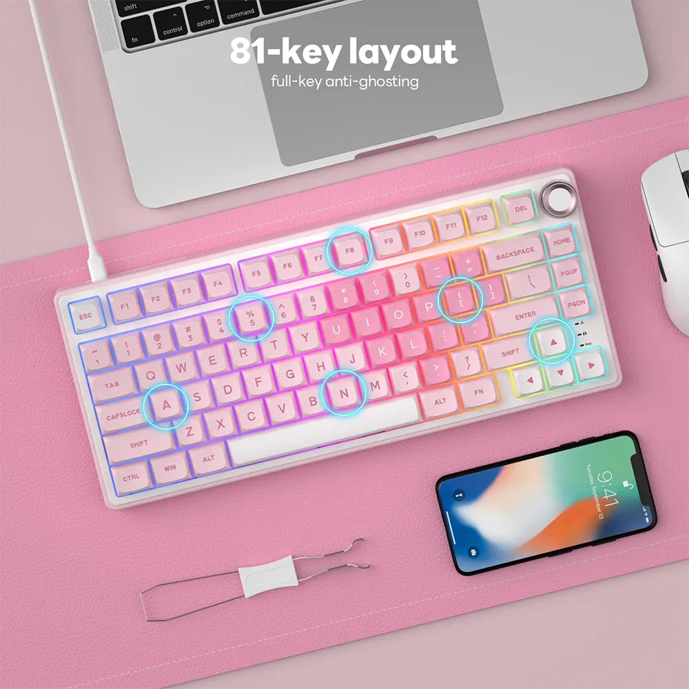 Royal Kludge RK R75 rose : clavier mécanique filaire compact à joint, hot-swap et RGB