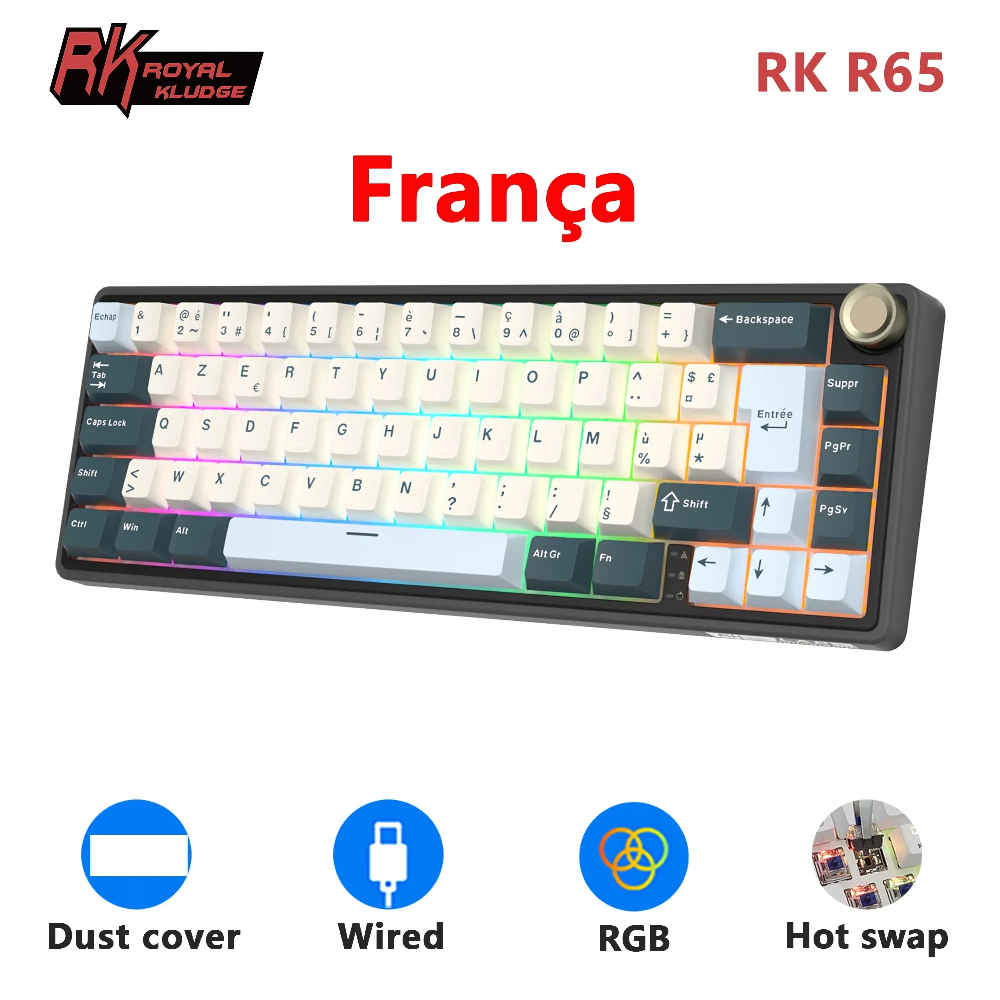 Royal Kludge R65 : clavier mécanique filaire 65 % hot-swap avec RGB et touches PBT MDA