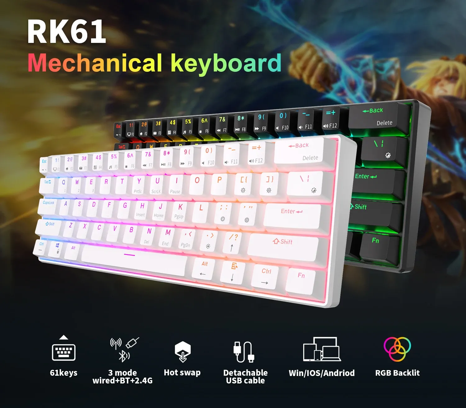 Royal Kludge RK61 AZERTY tri-mode RGB, clavier mécanique compact 61 touches