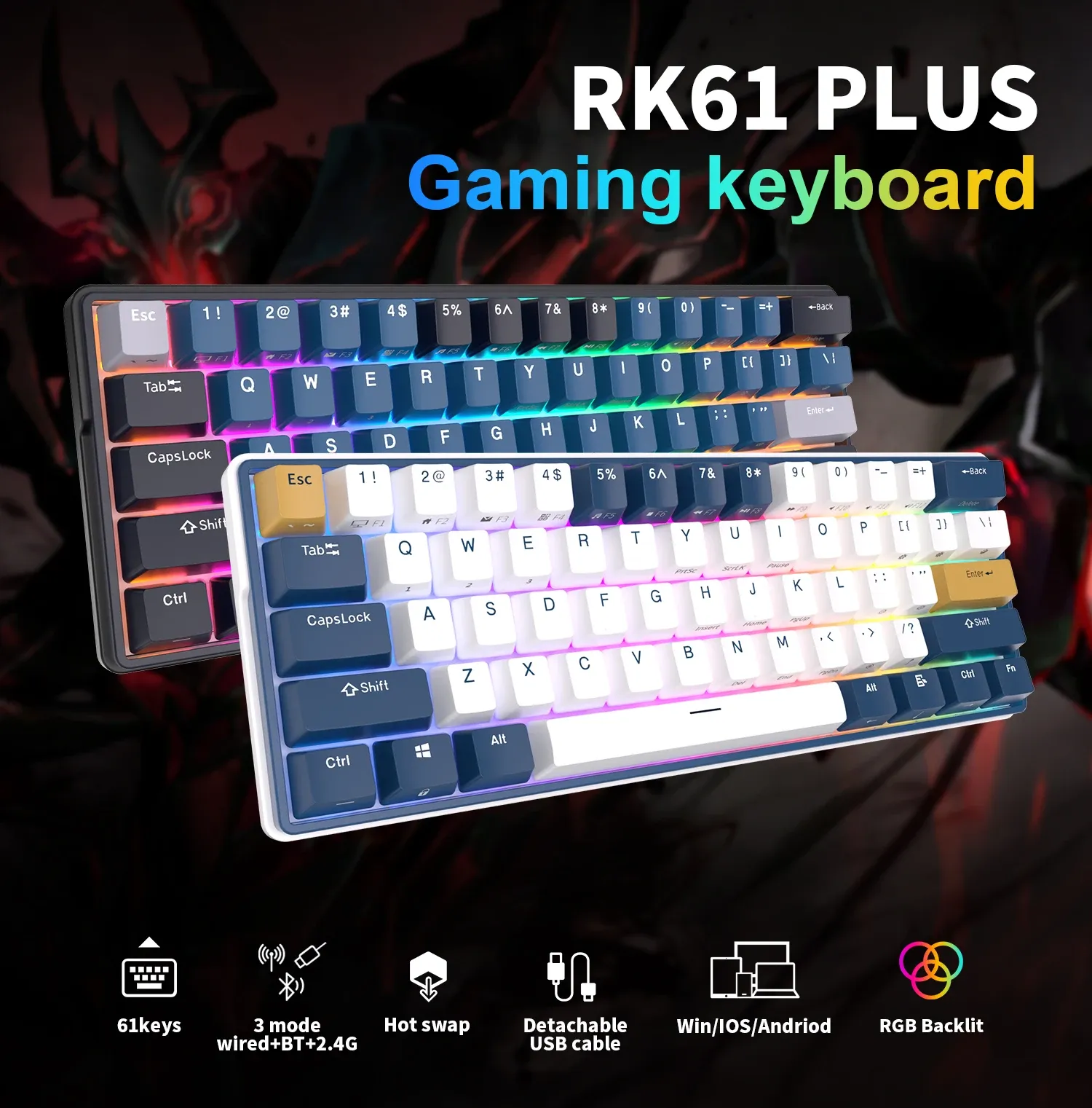Clavier mécanique compact RK61 sans fil RGB hot-swap