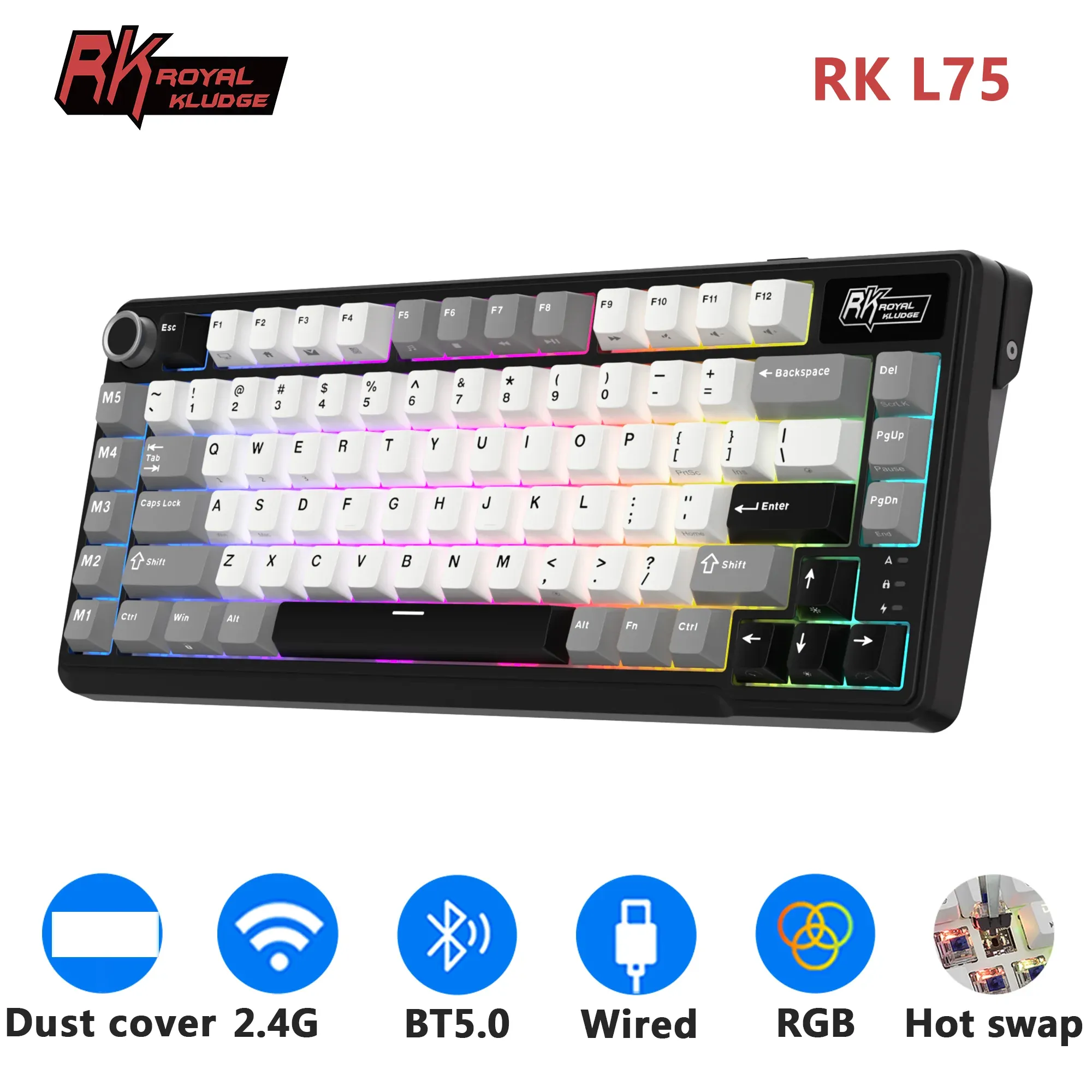 Clavier mécanique RK ROYAL KLUDGE L75 tri-mode RGB à molette