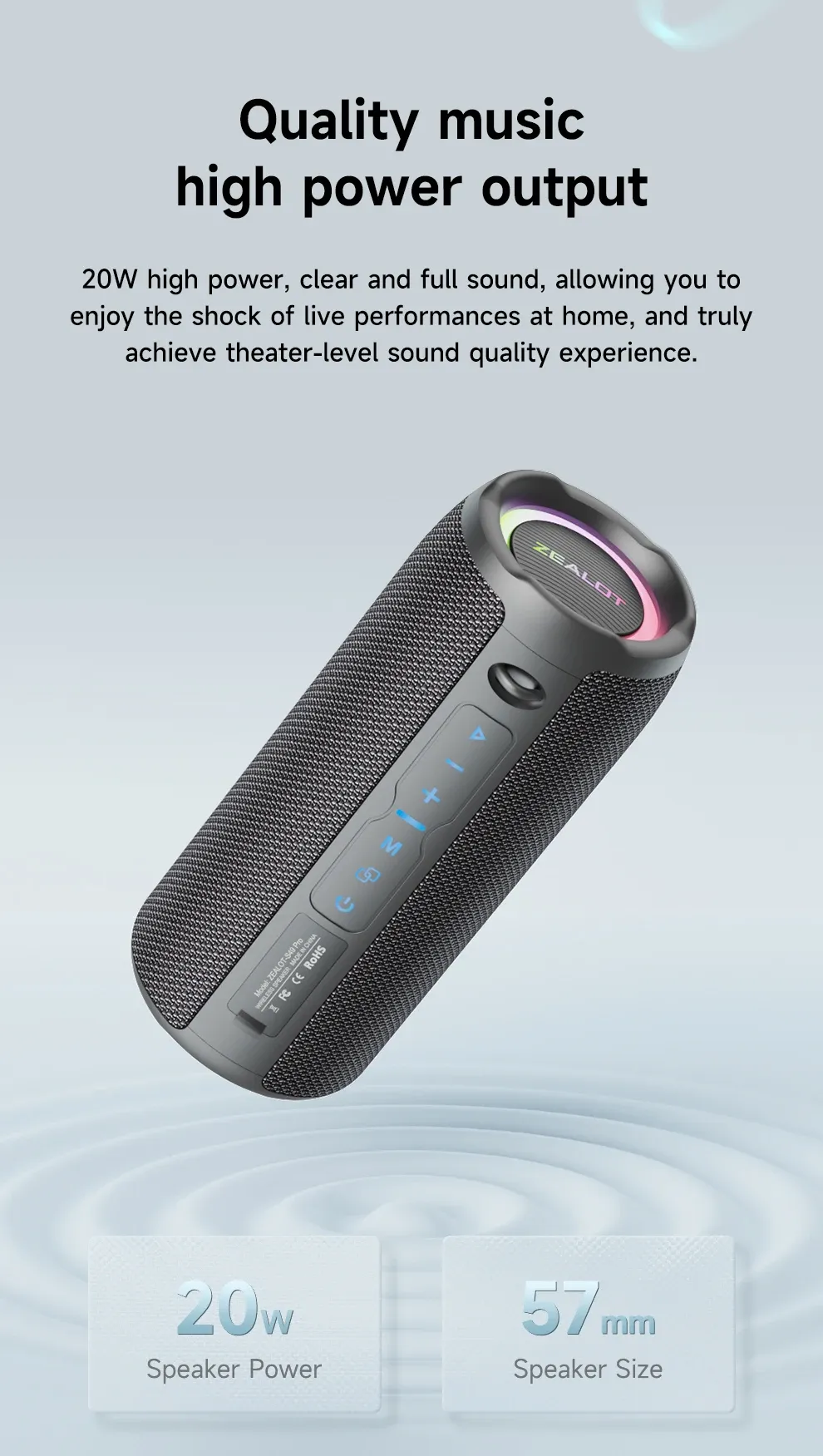 Enceinte Bluetooth Zealot S49 Pro 20 W IPX6 à basses renforcées