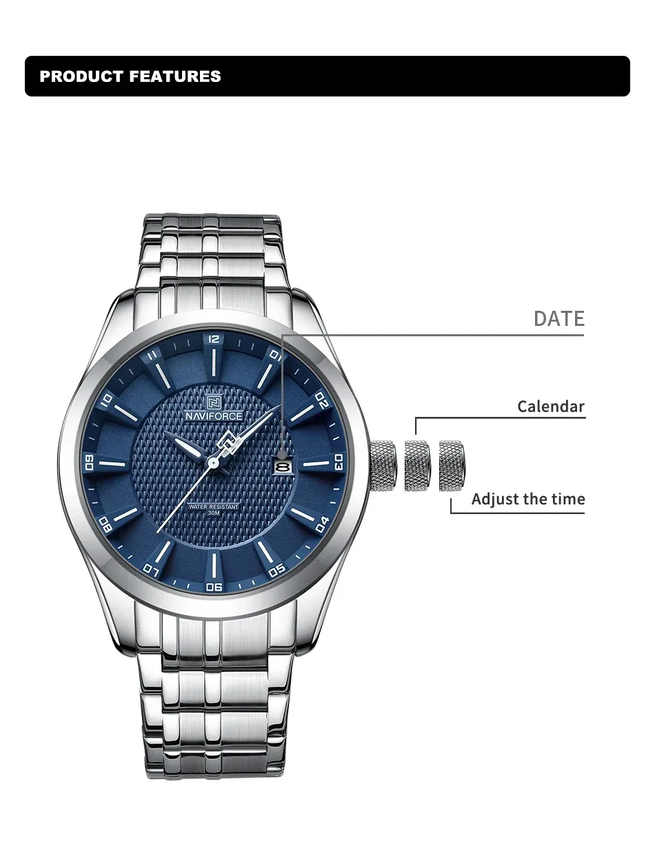 Montre quartz NAVIFORCE en acier inoxydable pour homme