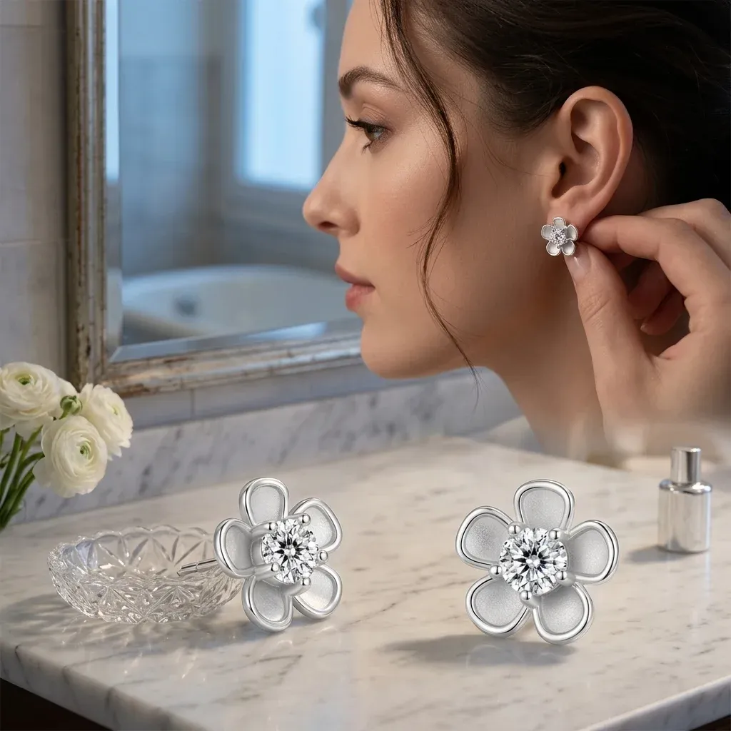 Boucles d’oreilles fleur moissanite sur vanité