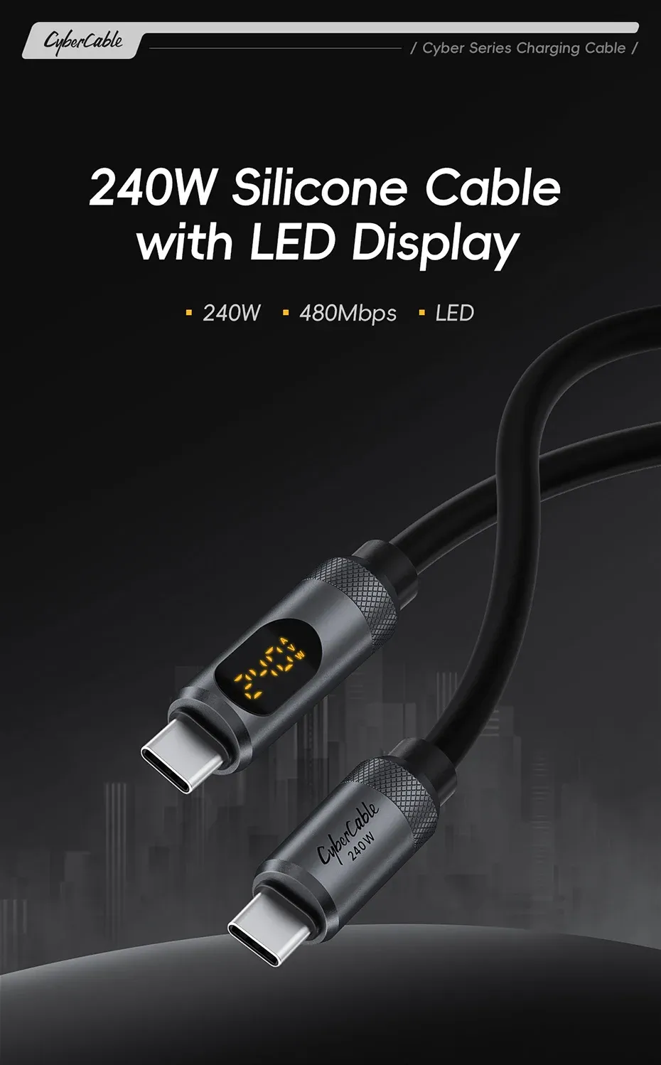 Câble USB-C Hagibis 240 W avec écran LED et silicone liquide