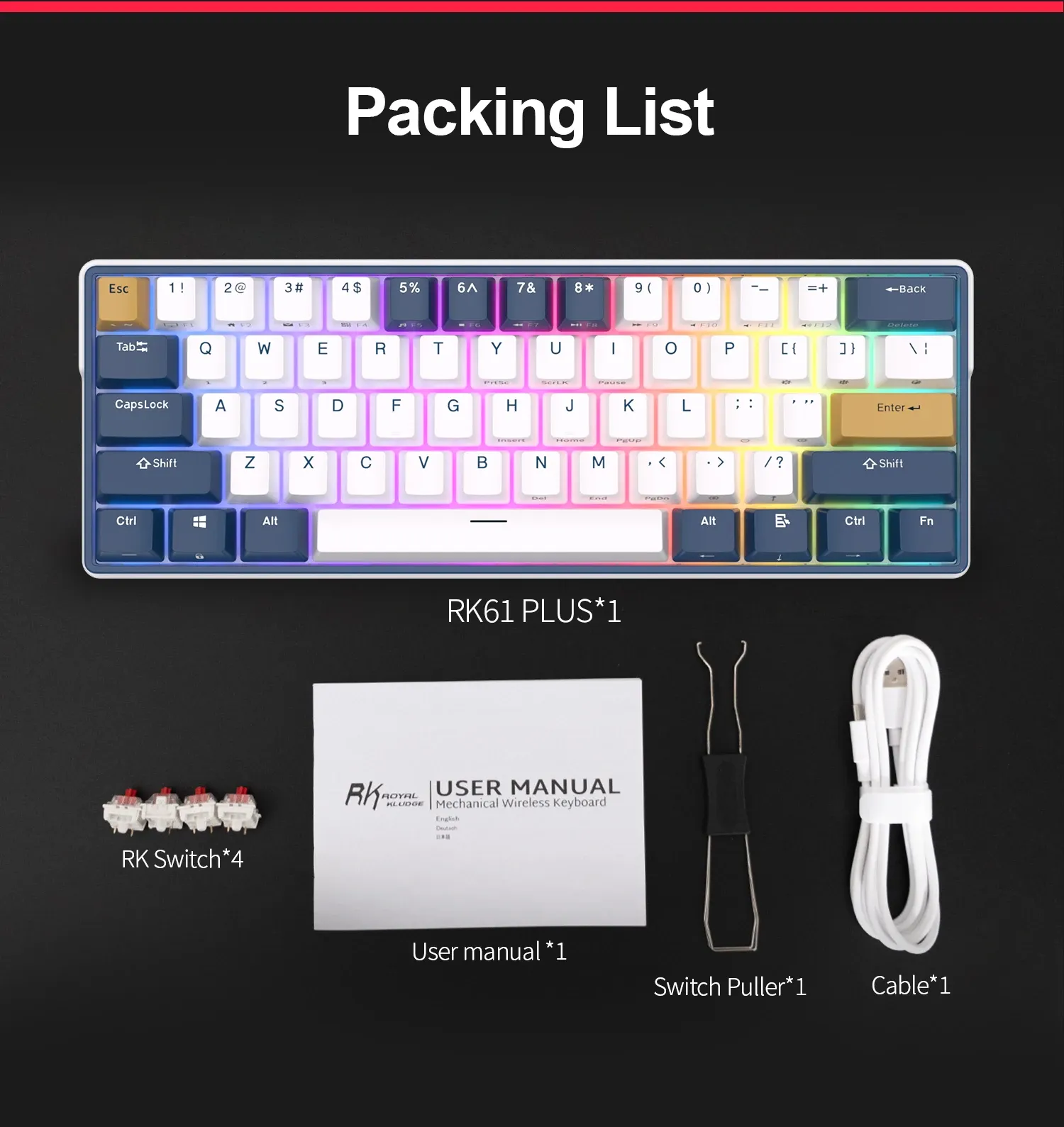 Clavier mécanique compact RK61 sans fil RGB hot-swap en PBT